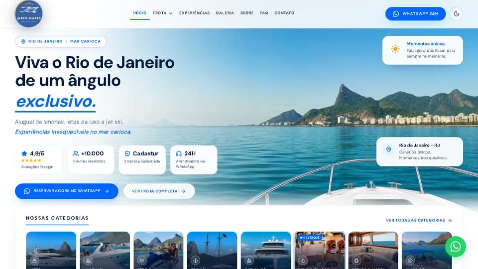 Captura do site Rio Mares — aluguel de lancha e jetski no Rio de Janeiro